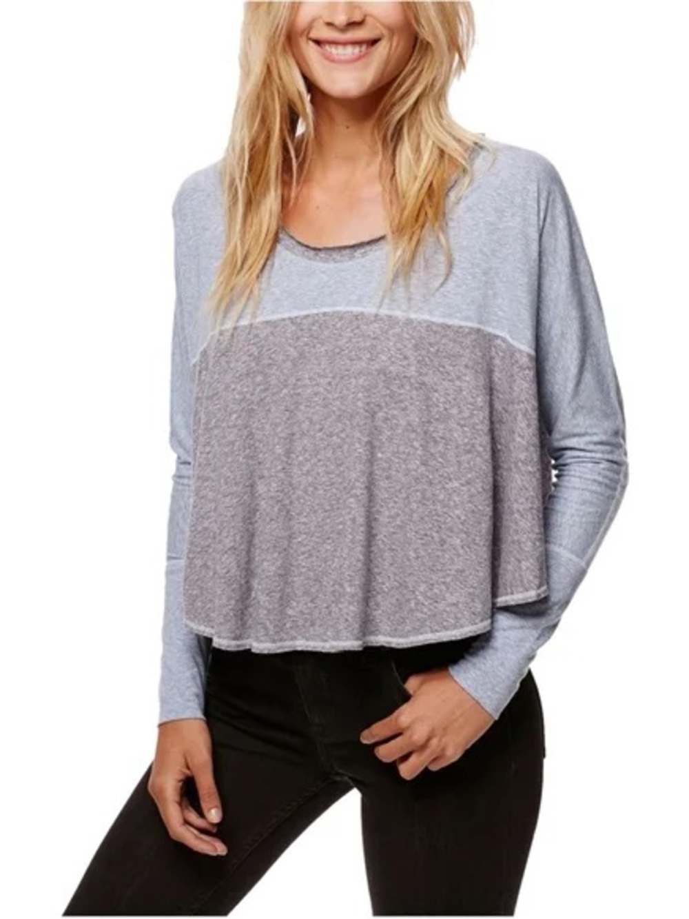 Free People Light Blue and Heather Gray Two-Tone Cropped Pullover